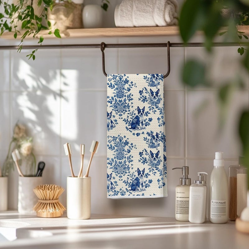 EKGJW Chinoiserie Boston Terrier Dog Kitchen Towels, Boston Terrier Gifts for Women Men Dish Tea Towels for Kitchen, Grandmillennial Toile de Jouy Dog Hand Towels for Bathroom, 16x24 Inch - Image 5